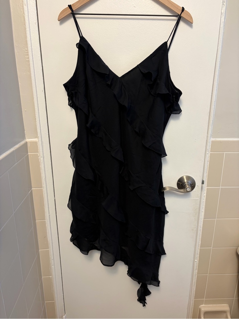 Abercrombie & Fitch Black Asymmetrical Ruffle Slip Dress